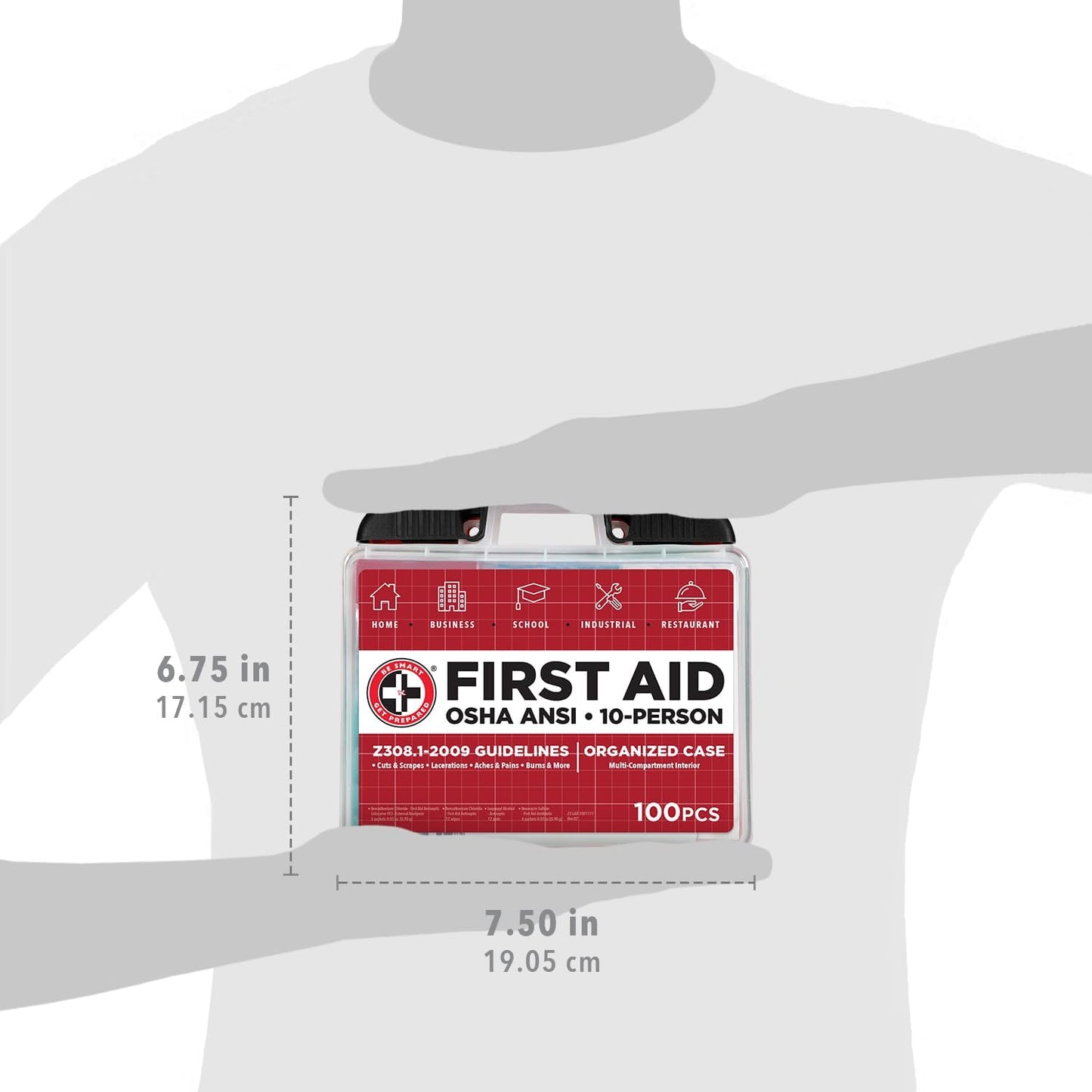Be Smart Get Prepared OSHA/ANSI First Aid Kit - 10 Person, 100 Pieces - Designed for Home, Business, School, Industrial, and Restaurants - Compact & Portable