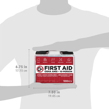 Be Smart Get Prepared OSHA/ANSI First Aid Kit - 10 Person, 100 Pieces - Designed for Home, Business, School, Industrial, and Restaurants - Compact & Portable