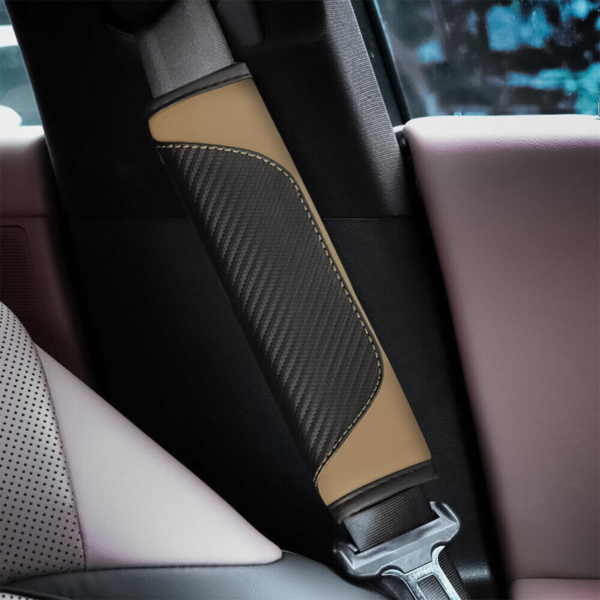 AUCELI 2PCS Car Seat Belt Cover, Carbon Fiber Seatbelt Shoulder Strap Covers, Breathable Leather Soft Harness Pad Protect Your Neck and Shoulder Compatible with Cars