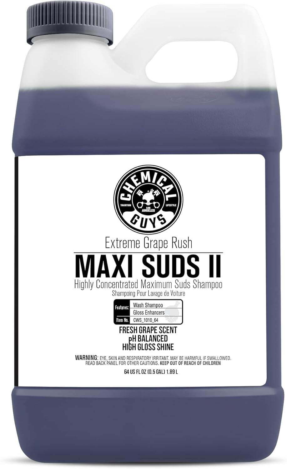 Chemical Guys CWS/1010/64 Maxi-Suds II Foaming Car Wash Soap (Works with Foam Cannons, Foam Guns or Bucket Washes) Safe for Cars, Trucks, Motorcycles, RVs & More, 64 fl. Oz (Half Gallon), Grape Scent