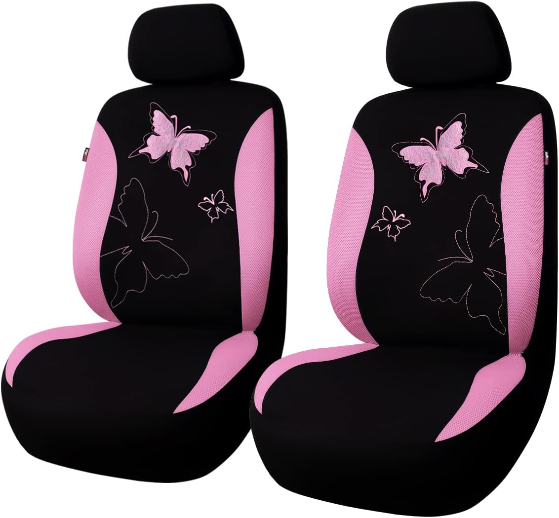 Flying Banner Butterfly car seat Covers ful Set Fashion Universal Lady Woman Female Rear Bench Split Colorized (Pink, 2 Fronts - Lace)