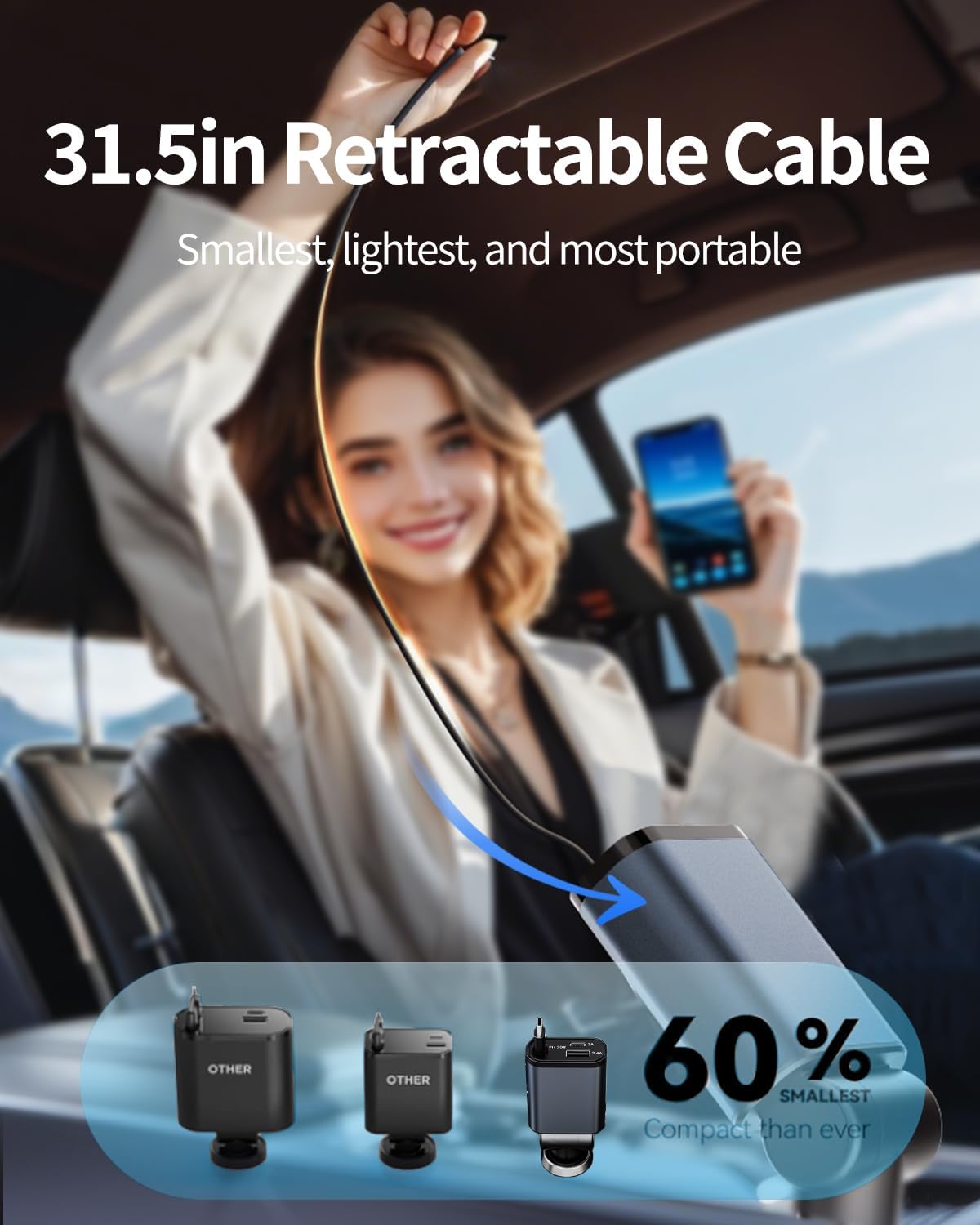 Retractable Car Charger,Car Phone Charger USB C Fast Charge,Cigarette Lighter USB Charger Car Accessories for Women,Road Trip Essentials Gift for Men,Car Charger for iPhone 17/16/15,Galaxy S26,Pixel