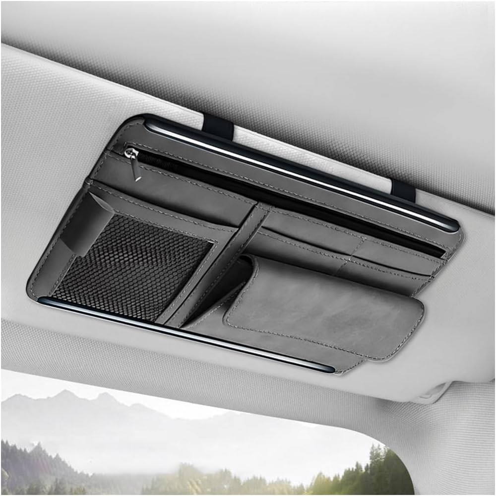 Car Sun Visor Organizer, Soft Leather Vehicle Sunshade Glasses Storage Bag with Net Zipper, Automotive Multi-Pocket Organizer for Drive License Card Glasses Document (Black)