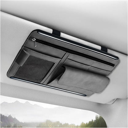 Car Sun Visor Organizer, Soft Leather Vehicle Sunshade Glasses Storage Bag with Net Zipper, Automotive Multi-Pocket Organizer for Drive License Card Glasses Document (Black)