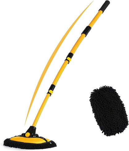 57'' Car Wash Brush with Long Handle Chenille Microfiber Car Wash Kit， Mitt Retractable Bent Pole Car Wash Brush for Cars RV Truck Boat (Yellow)
