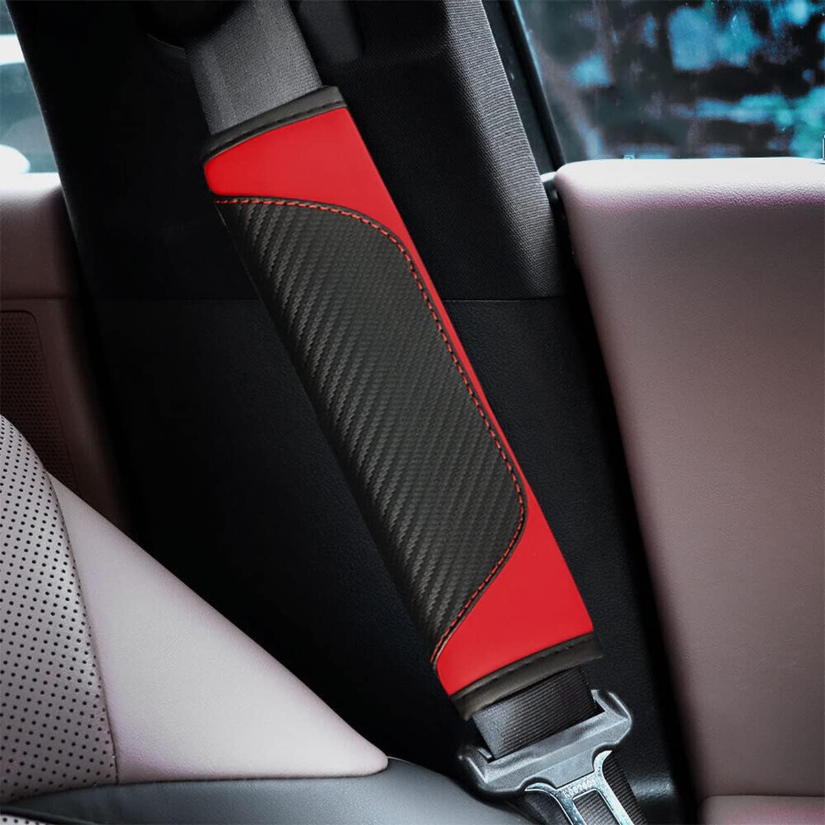 AUCELI 2PCS Car Seat Belt Cover, Carbon Fiber Seatbelt Shoulder Strap Covers, Breathable Leather Soft Harness Pad Protect Your Neck and Shoulder Compatible with Cars