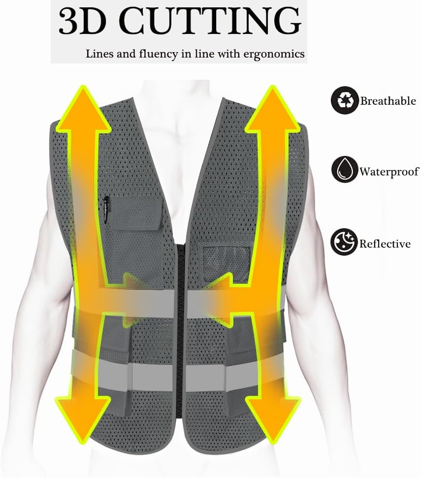 HYCOPROT High Visibility Mesh Safety Reflective Vest with Pockets and Zipper, Meets ANSI/ISEA Standards