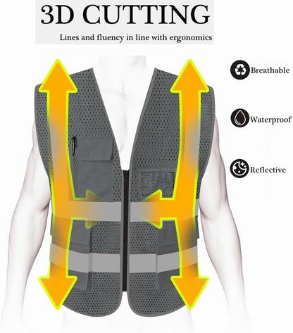 HYCOPROT High Visibility Mesh Safety Reflective Vest with Pockets and Zipper, Meets ANSI/ISEA Standards