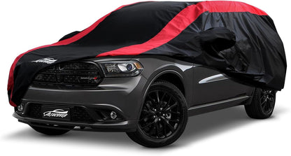 Car Cover Waterproof All Weather Protection with Red Stripe Design, Universal Fit Toyota Camry Solara, Ford Fusion, Kia Stinger Optima, Nissan Maxima, VW Passat, Subaru Legcy