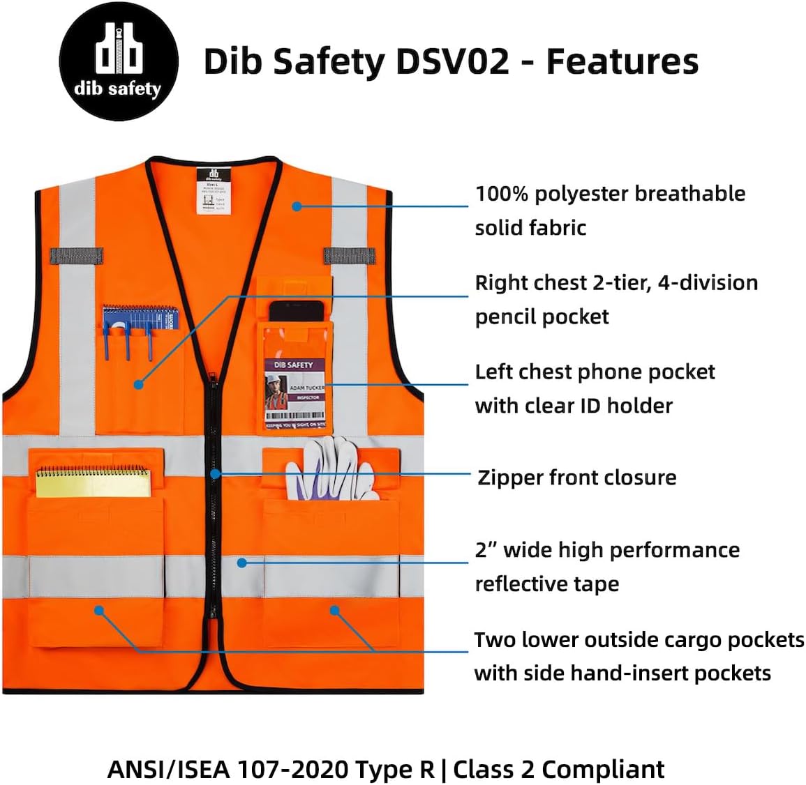 Dib Safety Reflective Safety Vest for Men Women, High Visibility Vest with Pockets and Zipper, ANSI Class 2