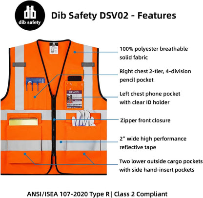 Dib Safety Reflective Safety Vest for Men Women, High Visibility Vest with Pockets and Zipper, ANSI Class 2