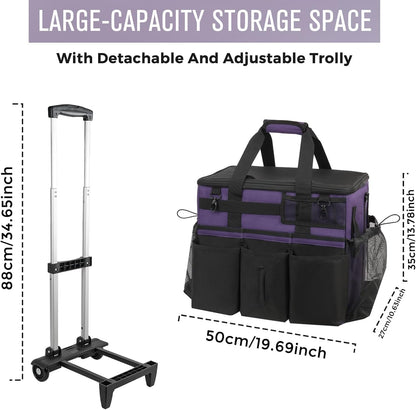 SCAVATA Rolling Cleaning Caddy Bag with Detachable Trolley, Large Cleaning Supplies Organizer with Wheels, Multi Pocket Cleaning Cart with Adjustable Shoulder Strap for Housekeepers & Home Use, Black