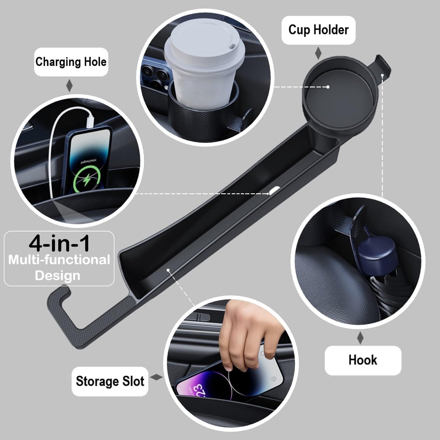 Car Seat Gap Plug with Storage Slot, Auto Gap Filler Organizer with Cup Holder, Universal Carseat Side Gap Filler Strip 2 Pack Between Front Seats & Console, Anti-Drop Pad with Seatbelt Holes, Black