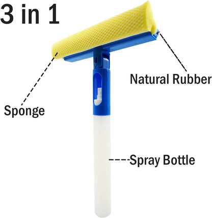 Car Window Cleaner Squeegee with Sponge and Rubber Blade Cleaning Tool Wiper with Spray Bottle 3 in 1 Multipurpose | for Indoor and Outdoor, Home, Car Window, Glass (1 Pack)