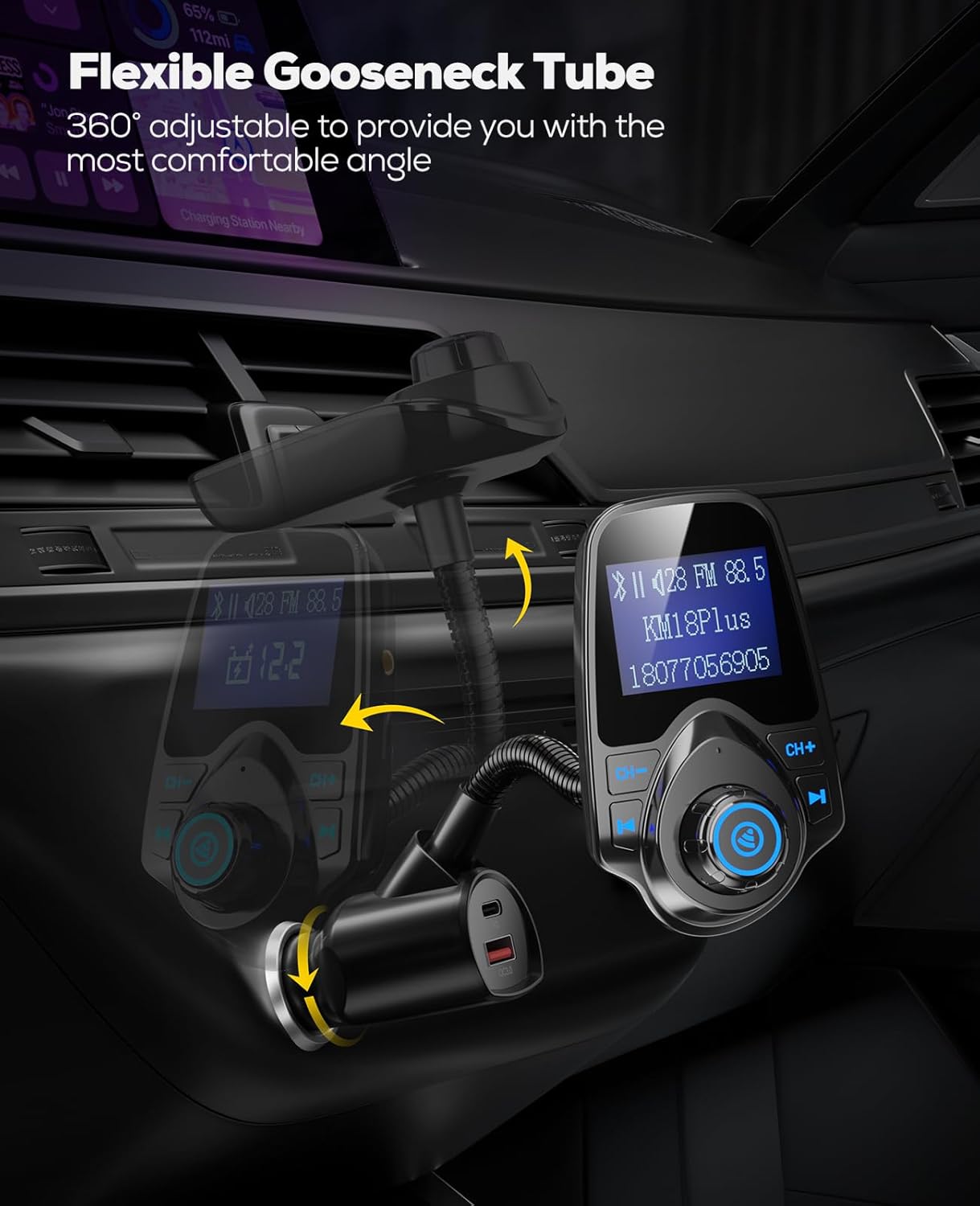 Nulaxy KM18 Plus Bluetooth 5.4 Car Adapter with 48W Fast Charging PD 30W & QC3.0 18W, 1.44" Screen Wireless Radio FM Transmitter with Flexible Gooseneck, Supports Hands-Free Call, TF Card & AUX, Black