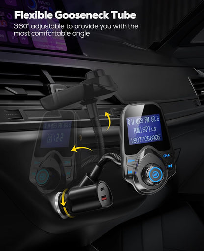 Nulaxy KM18 Plus Bluetooth 5.4 Car Adapter with 48W Fast Charging PD 30W & QC3.0 18W, 1.44" Screen Wireless Radio FM Transmitter with Flexible Gooseneck, Supports Hands-Free Call, TF Card & AUX, Black