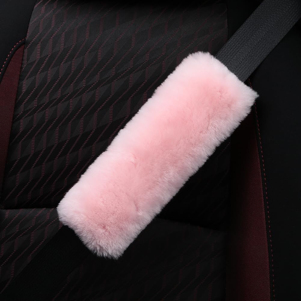 AOGELAN 2 Pack Black Fluffy Fuzzy Genuine Sheepskin Car Seat Belt Cover Pad, Seatbelt Cushion for Soft Auto Lambswool Shoulder Strap Cushion Adults (2, Black)