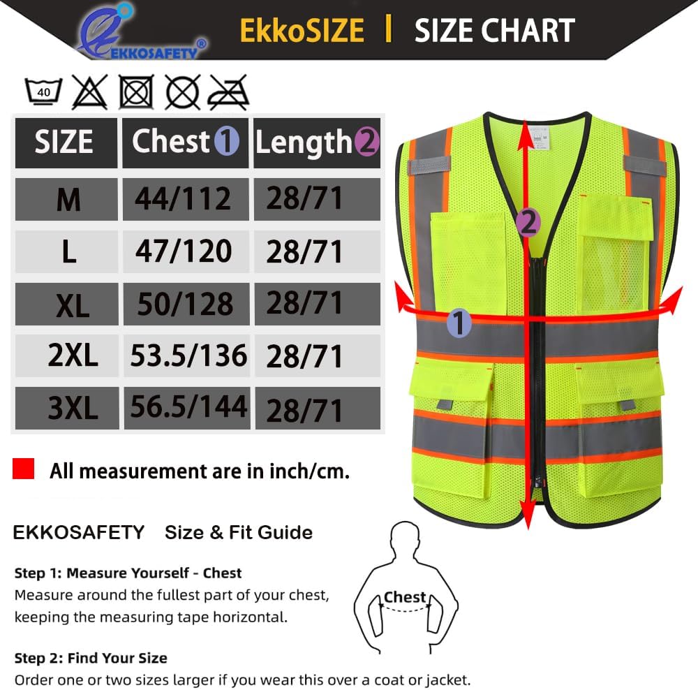 Reflective Mesh Safety Vest for Men Women with 5 Pockets and Zipper Front High Visibility Mesh Vest Hi Vis Construction Work Vest,Meets ANSI/ISEA Standards(EK175-Yellow-L)