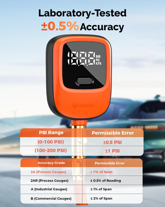ETENWOLF T600 Digital Tire Pressure Gauge 0-250 PSI, ANSI B40.7 2A Grade High Precision(Plus-Minus 0.5%),Tire Gauge for Tire Pressure with Rubber Hose, Replaceable AA Batteries