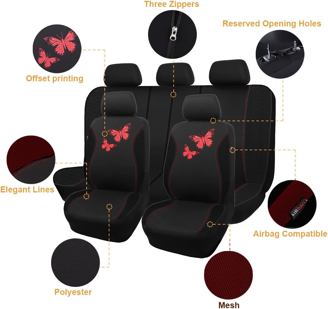 Flying Banner Butterfly car seat Covers ful Set Fashion Universal Lady Woman Female Rear Bench Split Colorized (Pink, 2 Fronts - Lace)