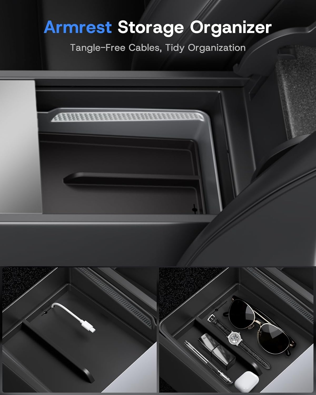 Center Console Organizer Tray for Tesla Model Y Juniper 2026 2025 (Premium & Performance), 8PCS - PC Material & Silent Silicone Armrest Storage Box Bottom Liners Wireless Charging Pad Cup Holder