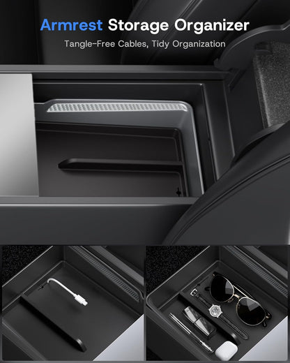 Center Console Organizer Tray for Tesla Model Y Juniper 2026 2025 (Premium & Performance), 8PCS - PC Material & Silent Silicone Armrest Storage Box Bottom Liners Wireless Charging Pad Cup Holder