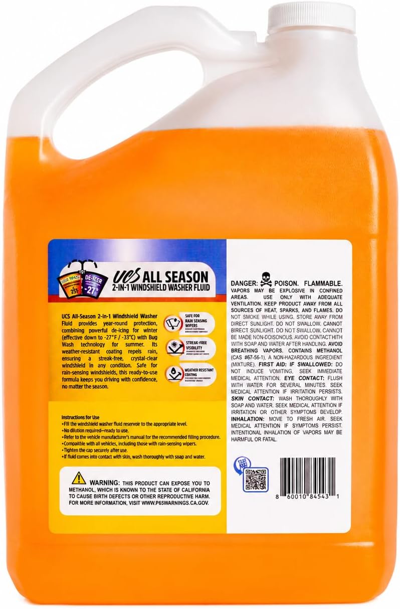 UCS 2-in-1 Windshield Washer Fluid 2-Pack (1 Gallon Each, 256 fl oz Total) – Ready to Use, Streak-Free Formula, All-Weather Cleaning, Removes Bugs, Dirt & Road Grime – Premium Windshield Cleaner