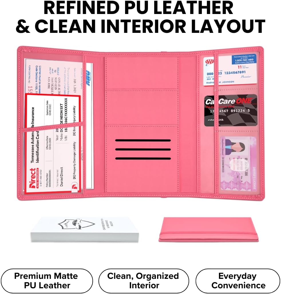 LINTRU Car Registration and Insurance Holder Trifold, Oversized Fit with Reinforced Construction, Matte PU Leather Vehicle Glove Box Organizer for Documents, Car Accessories for Men and Women