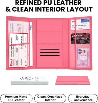 LINTRU Car Registration and Insurance Holder Trifold, Oversized Fit with Reinforced Construction, Matte PU Leather Vehicle Glove Box Organizer for Documents, Car Accessories for Men and Women