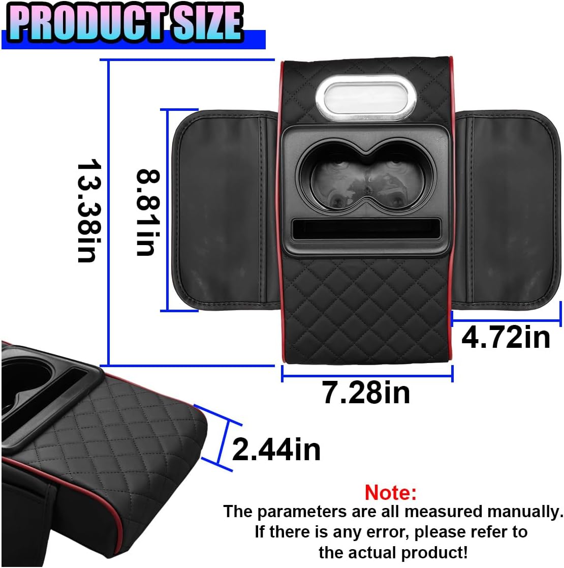 Leather Car Center Console Cover, Universal Automotive Armrest Booster Cushion, Vehicle Middle Console Organizer with 2 Cup Holders, Side Storage Bag, Tissue Box & Phone Slot(Black)