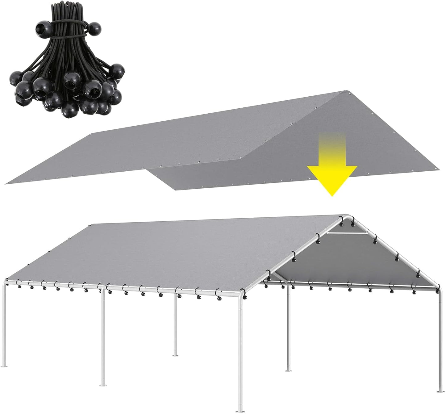 10 x 20 Ft Carport Replacement Canopy Cover Garage Top Tent Shelter Tarp with Free 48 Ball Bungee Cords,White(Only Cover, Frame Not Include)