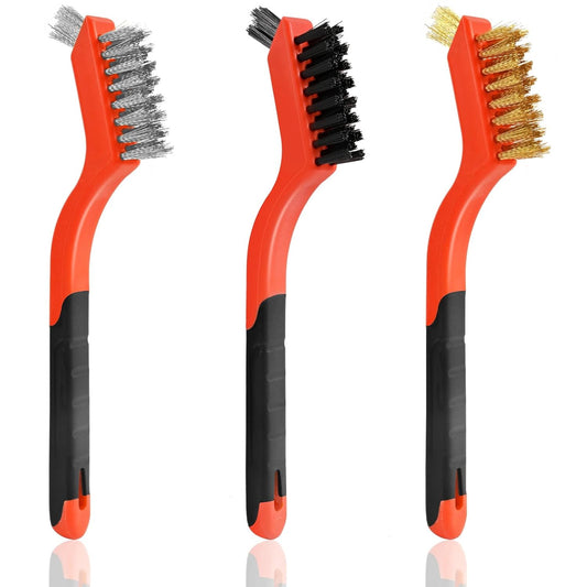 3pcs Wire Brushes for Cleaning Rust, Upgrade Wire Brush Set - Brass/Stainless Steel/Nylon Bristles, Small Metal Wire Brush with Curved Handle Grip, Wire Brushes for Paint and Stain, 7 Inches (3pcs)
