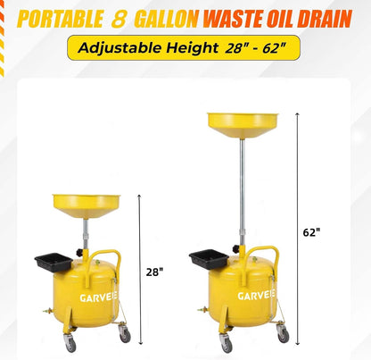 Garvee 8 Gallon Portable Waste Oil Drain Tank, Oil Lift Drain Pan Air Operated Drainer, Fluid Fuel Drainage Adjustable Funnel Height with Wheels