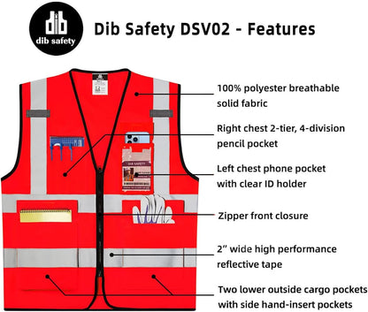 Dib Safety Reflective Safety Vest for Men Women, High Visibility Vest with Pockets and Zipper, ANSI Class 2