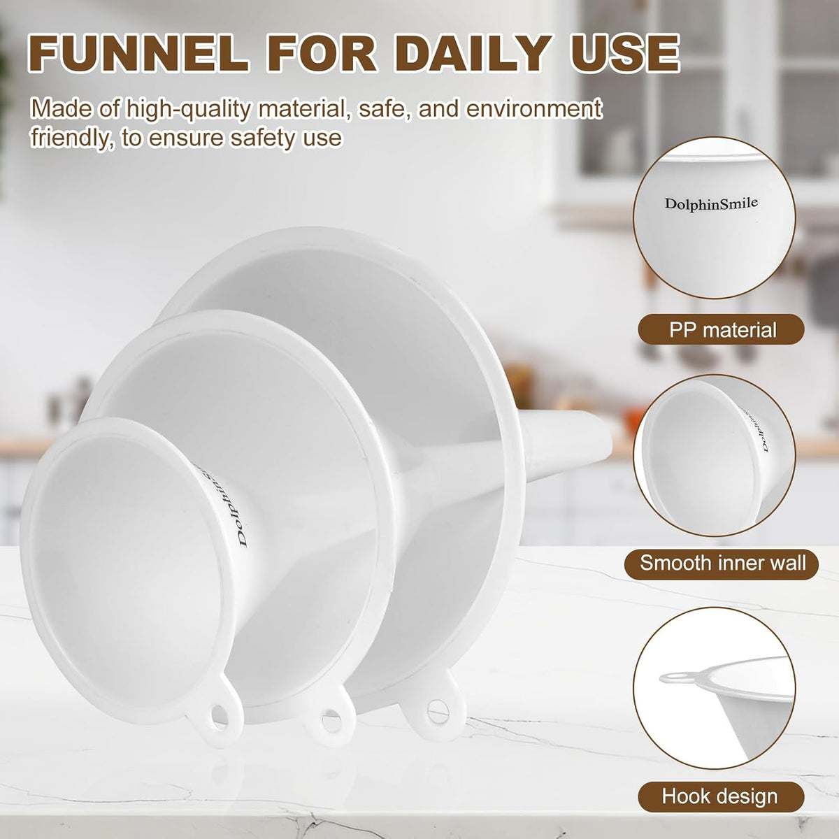 Plastic Kitchen Funnel Set of 3, Round Kitchen Funnels for Filling Bottles, Durable and Multifunctional Funnels for Filling Canning, Cooking, Lab or Car Oil (Gray)