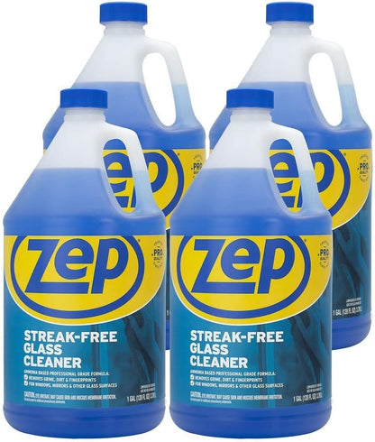 Zep Streak-Free Glass Cleaner - 1 Gallon (Case of 4) ZU1120128 - Professional Grade Formula that Cleans Dirt, Fingerprints, Grime, Smoke Haze, and Toothpaste on Windows, Mirrors, and Other Glass