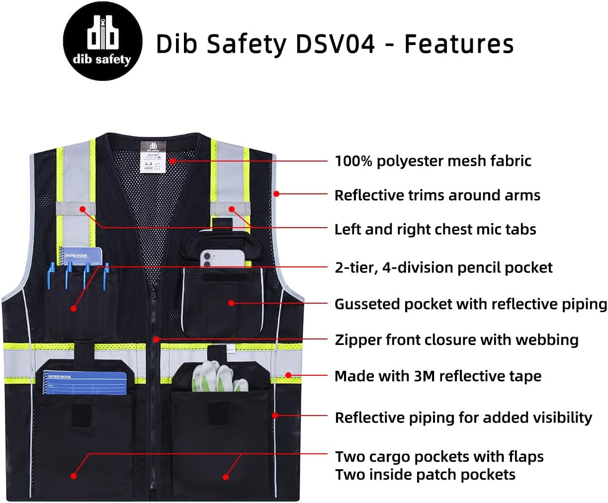 Dib Safety Reflective Mesh Vest ANSI Class 3, High Visibility with Pockets and Zipper, Made with 3M Reflective Tape, Yellow XL