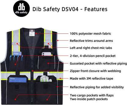 Dib Safety Reflective Mesh Vest ANSI Class 3, High Visibility with Pockets and Zipper, Made with 3M Reflective Tape, Yellow XL