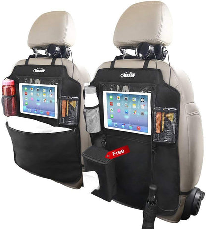Oasser Seat Back Protector Kick Mats 12.9" I pad Holder 2 Pack XL with 1 Tissue Box Car Seat Organizer Back of Seat Protector Clear 2 Large Car Organizers and Storage
