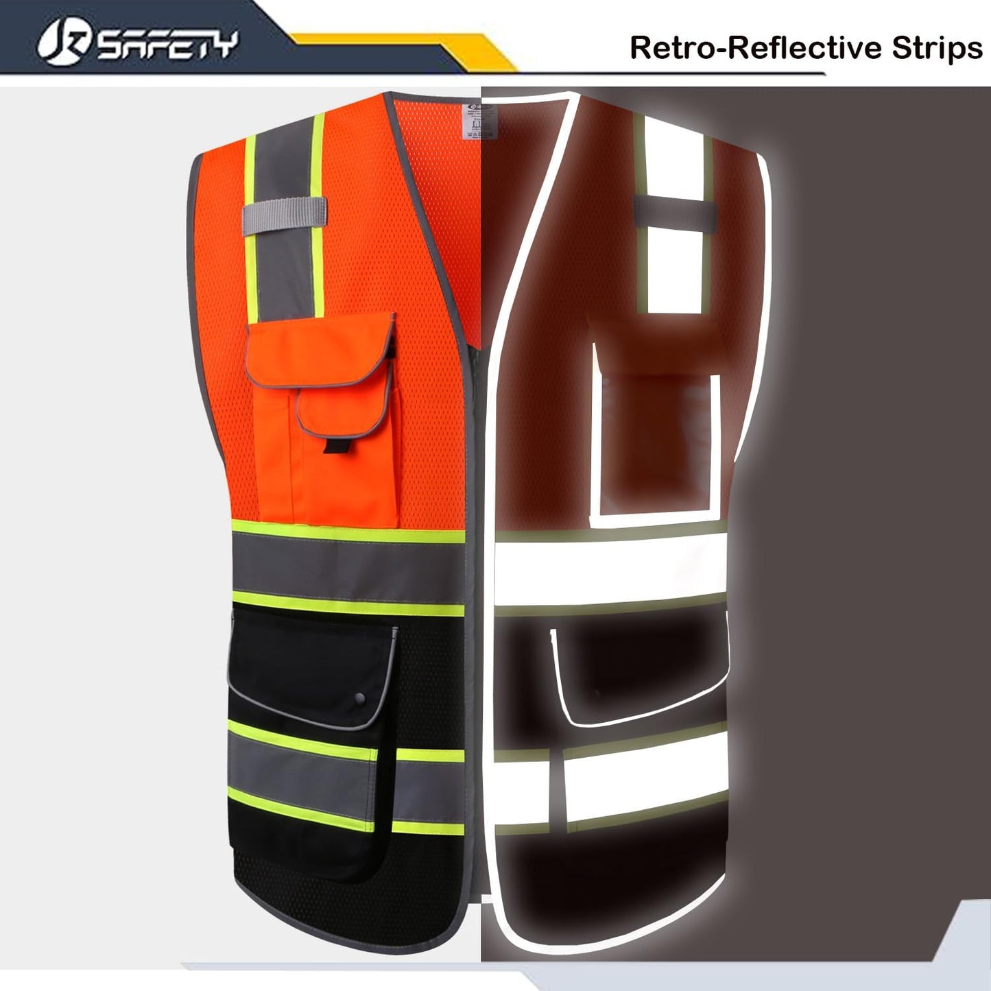 JKSafety 9 Pockets Class 2 High Visibility Zipper Front Safety Vest With Reflective Strips,Meets ANSI/ISEA Standard (Large, 150-Yellow) - Colors A