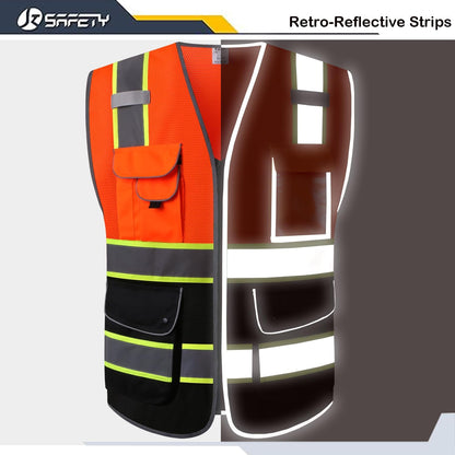 JKSafety 9 Pockets Class 2 High Visibility Zipper Front Safety Vest With Reflective Strips,Meets ANSI/ISEA Standard (Large, 150-Yellow) - Colors A