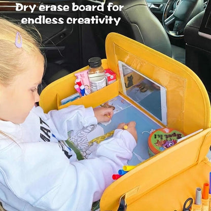 MENZOKE Kids Travel Tray for Toddler Car Seat, Road Trip Activities for Kids with iPad Holder Stand & Dry Erase Board, Road Trip Essentials Accessories Lap Tray as Travel Gifts for Kid, Pink