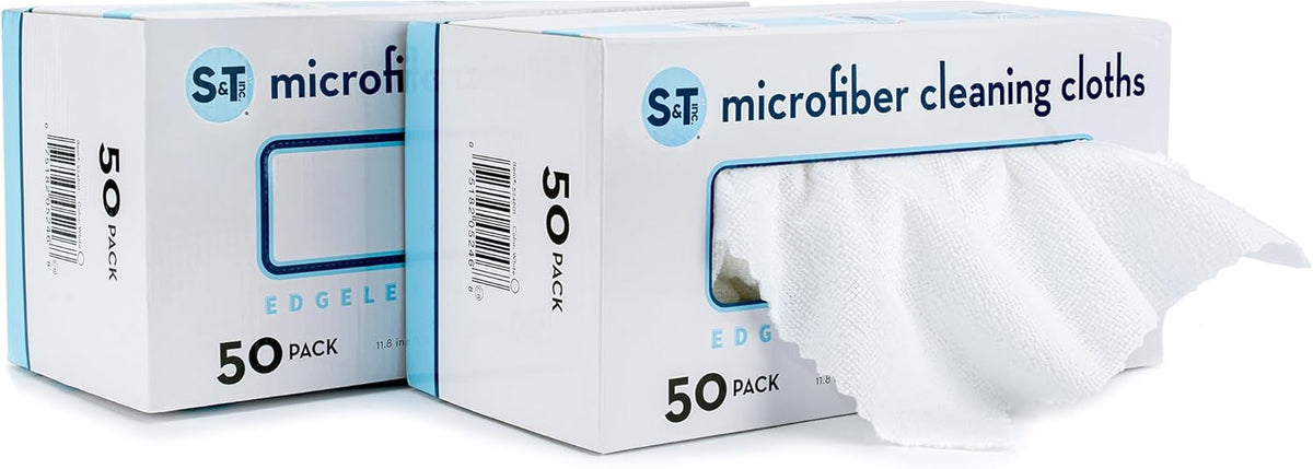 S&T INC. 50 Pack Microfiber Cleaning Cloth with Box, Bulk Towels for Home, Reusable Microfiber Towels for Cars, Cleaning Rags, White, 190gsm, 11.8 Inches x 11.8 Inches, 50 Count
