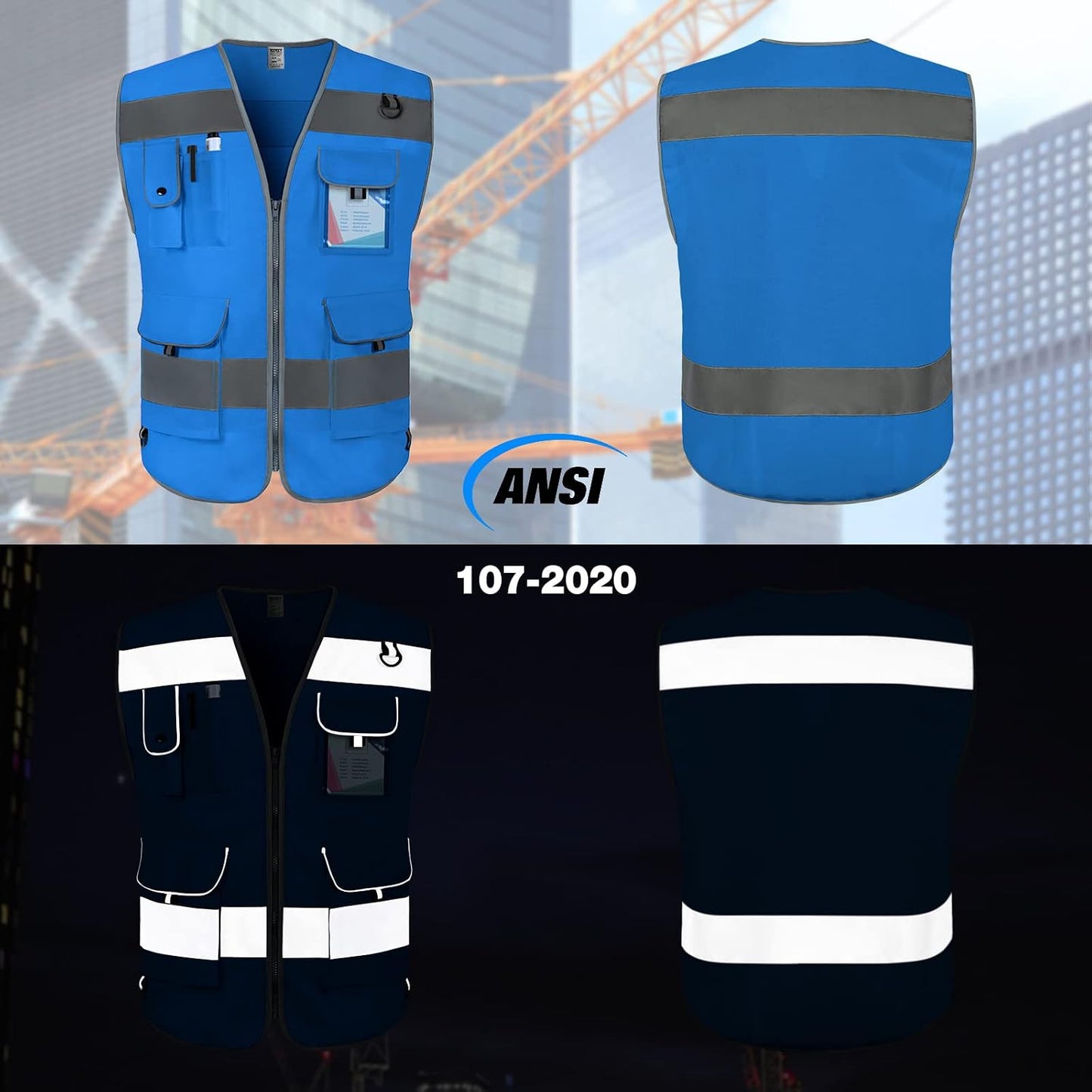 TCCFCCT Safety Vest for Men Women 9 Pockets High Visibility Vest for Safety, Reflective Work Vest with Reflective Strips, Meets ANSI/ISEA Standards, (Yellow, Large)