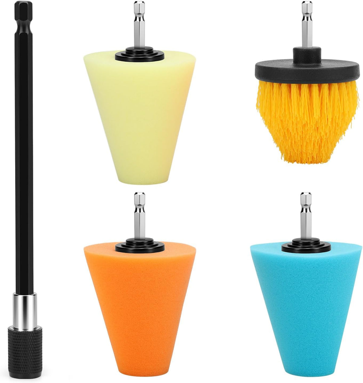 Linkstyle 5PCS Drill Polishing Ball Set, Car Wheel Polisher Sponge Pad Kit with Long Extension Pole & Cleaning Brush, Buffing Ball for 1/4" Hex Drill, Car Rim and Metal Surface Polishing Tool