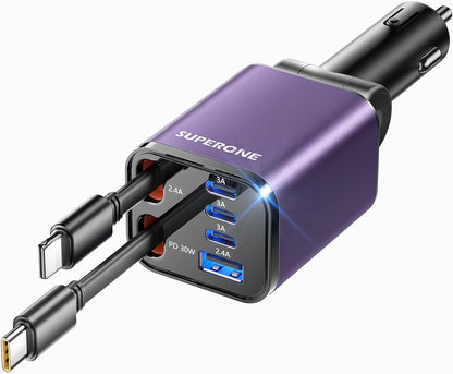 Retractable Car Charger, SUPERONE 99W Car Phone Charger with Cables Fast Charging, USB C Car Charger Adapter for iPhone 17 16 15 14 13 12, Samsung, Black