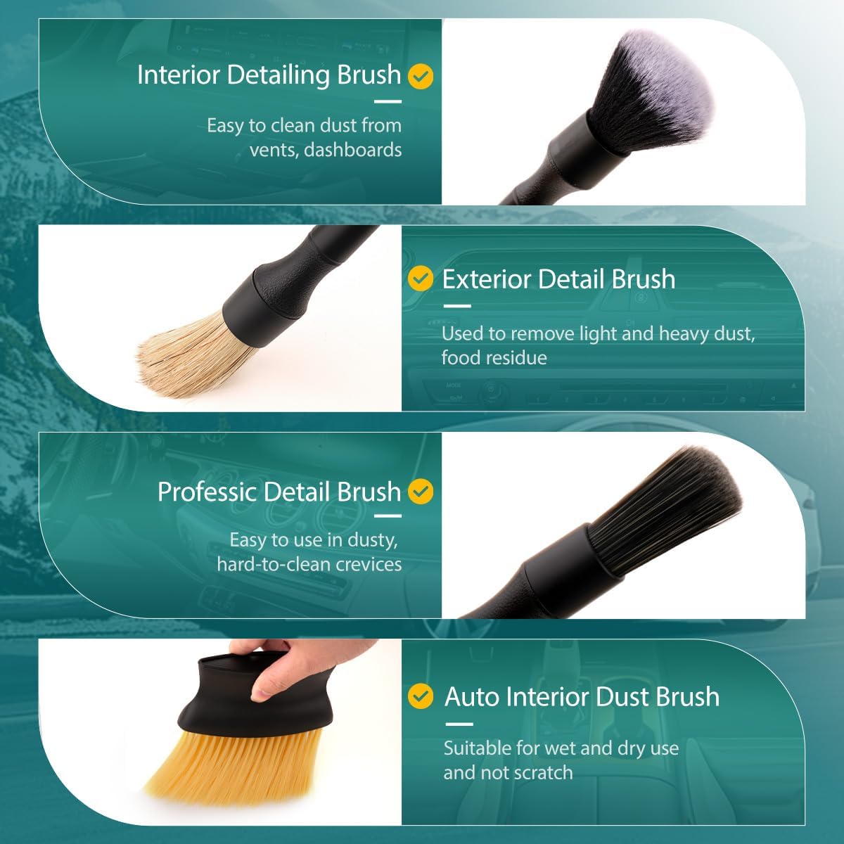 7PCS Car Detailing Brush Set, Ultra Soft Boars Hair Car Interior Detailing Brushes, Car Interior Detailing Kit for Cleaning Interior or Exterior, Car Accessories Interior Tools