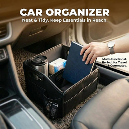 Car Storage Organizer Reinforced Dividable Leather Car Caddy Basket for Front Seat Floor Back Sturdy Frosted Handle 8 Compartments Adjustable Strap Buckles Slip-Resistant (Normal)