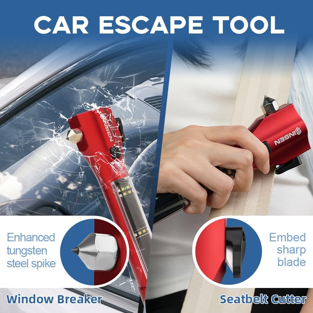 SINSEN Car Safety Hammer Flashlight, Tactical Emergency Rescue Tool, LED High Lumens Rechargeable Solar Powered Escape Kit, Window Glass Breaker and Seatbelt Cutter, Self Defense Multi-Function Torch