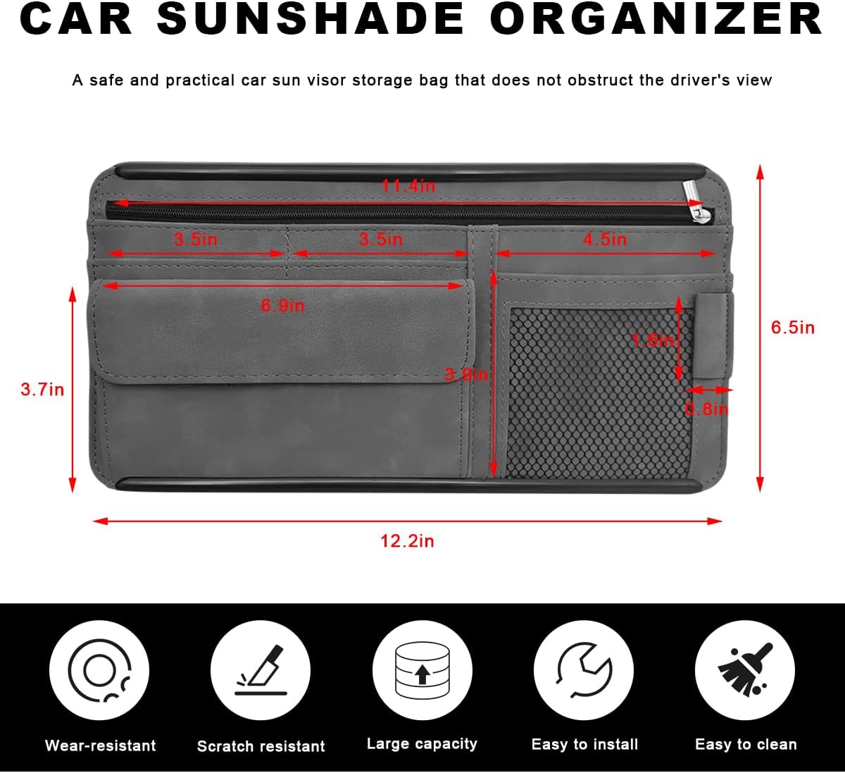 Car Sun Visor Organizer, Soft Leather Vehicle Sunshade Glasses Storage Bag with Net Zipper, Automotive Multi-Pocket Organizer for Drive License Card Glasses Document (Black)